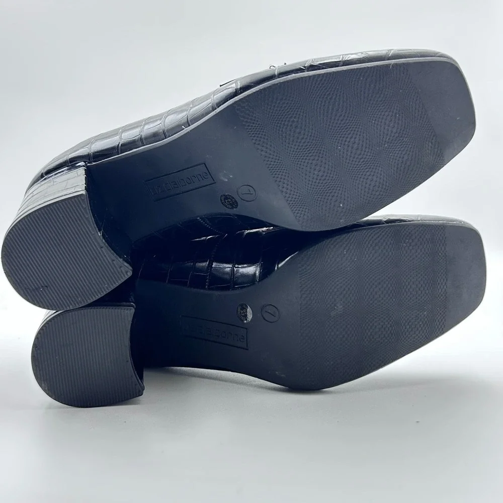 Liz Claiborne Heeled Loafers 7 Black Croc Embossed Horsebit Preppy Officecore - Picture 6 of 10